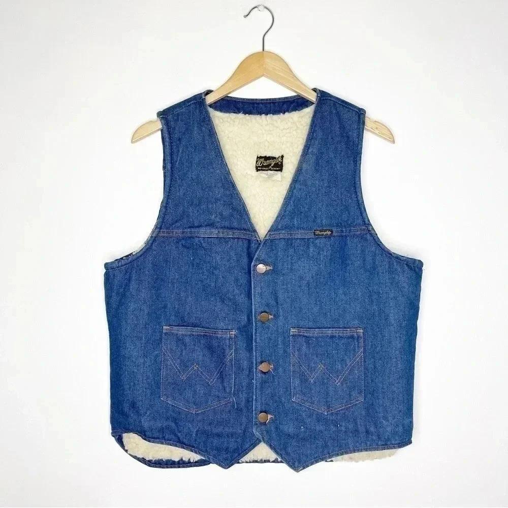 Wrangler Vintage Shearling Lined Denim Vest 1970's Size Large - Picture 2 of 7